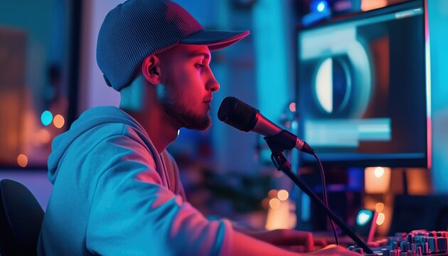 Experienced Podcaster Ready To Record In Vlogger'S Home Studio For Social Media Content With High-Quality Microphones And Internet Streaming Setup.