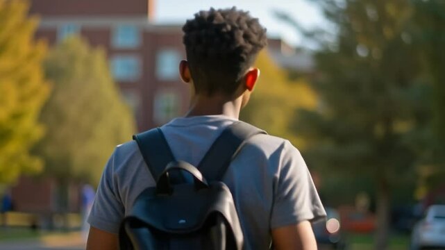 Young male college student walking to class on a university campus