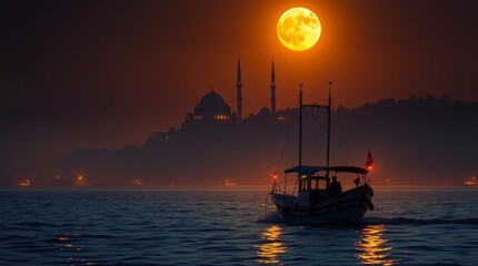 Fototapeta premium Serene Boat at Sunset with Mosque and Full Moon