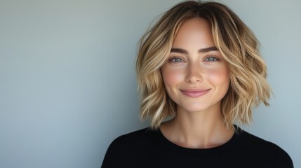 Fototapeta premium Smiling young woman with blonde short groomed hair isolated on pastel grey background