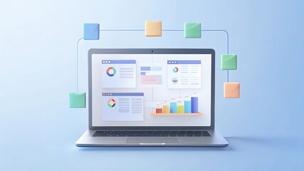 Flat Vector Illustration of a Laptop Displaying a Project Management Dashboard for Productivity