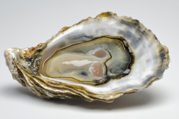 A high-resolution studio photograph showcasing a single, fresh oyster in its textured shell, highlighting its subtle colors and natural, raw beauty on white background.