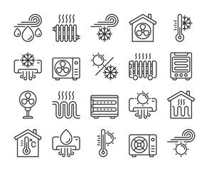 Climate control icons. Air Conditioning and climate control line icon set. Editable Stroke.