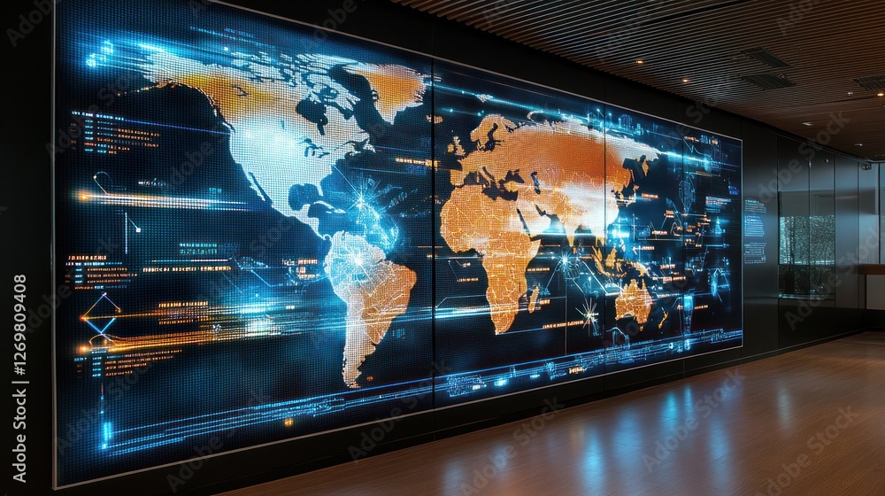 Poster Large screen displays a stylized world map and data