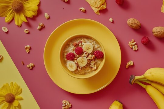 Oatmeal in a bowl on a yellow plate topped with banana nuts and berries - Powered by Adobe
