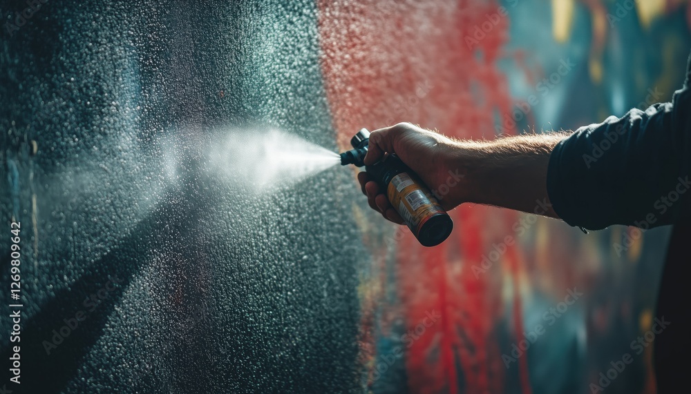 Poster Man Utilizing A Spray Can To Apply Ed Paint With His Hand On A Surface, Demonstrating Precision And Skill In Painting Technique.