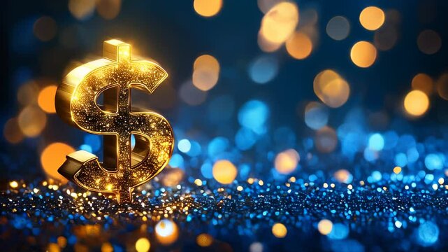 Golden dollar sign surrounded by shimmering blue lights creates an enchanting and festive atmosphere at night