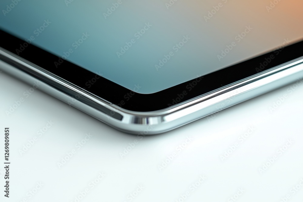 Poster a macro shot showcasing the corner of a silver tablet against a white backdrop, emphasizing its scre