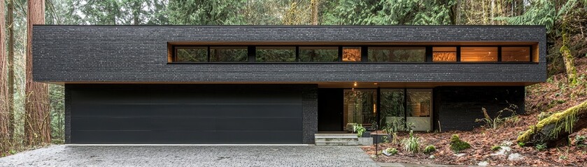 Fototapeta premium Modern home in the forest; natural light filtering in for home sale ads