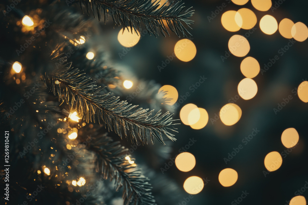 Poster close up of christmas tree branch adorned with warm glowing lights, creating festive and cozy atmosp