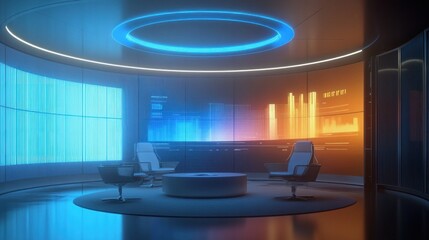 Futuristic conference room with digital displays and modern design elements