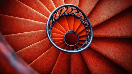 Red carpet spiral staircase, interior, overhead view, architectural detail, design