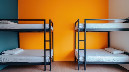A modern hostel room featuring two sets of black bunk beds against a vibrant orange wall, with simple bedding and a minimalist design.