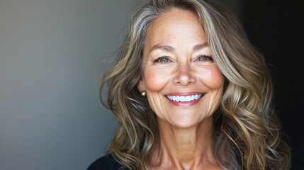 Elegant older woman with radiant smile and flowing wavy hair