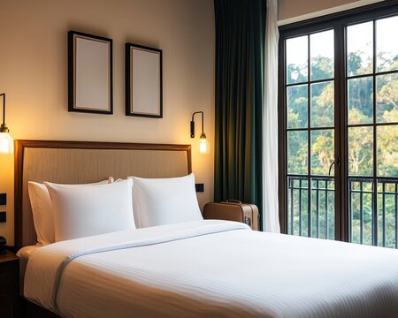 A cozy bedroom featuring a large bed, soft linens, and natural light streaming through a window, creating a calming atmosphere.