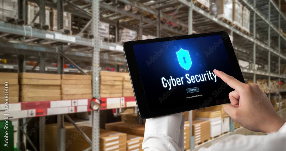Poster cyber security system on computer screen protect private information snugly from hacker and cyber at