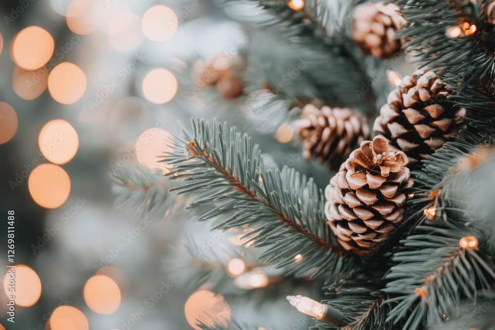 Poster close up of pine cones on christmas tree branch with warm bokeh lights in background, creating festi