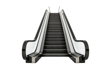 A sleek escalator connects two levels in a modern architectural space during bright daylight isolated on transparent background