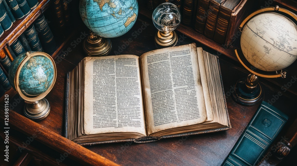 Poster old book lies open amongst globes and other ancient objects