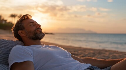 A man lying on a beach, listening to the sound of waves, ultimate relaxation