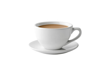 A warm cup of rich coffee resting on a simple white saucer in soft natural light isolated on transparent background