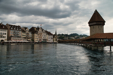 View of the Kapellbrücke bridge a bridge spanning the Reuss river in the city of Lucerne...
