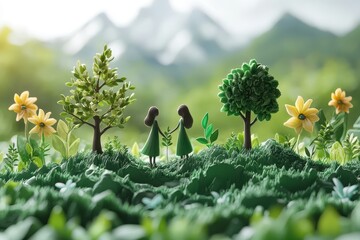 Two figures in green dresses exchanging flowers in a lush, vibrant landscape during golden hour near mountains