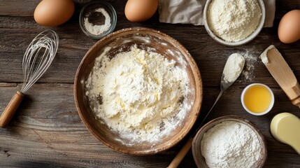 Baking ingredients and utensils arranged on a wooden table