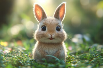 Fototapeta premium Cute fluffy rabbit with big eyes sitting in a sunlit meadow surrounded by green grass and flowers