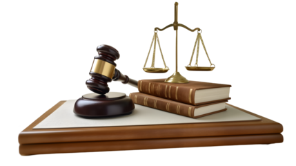 Legal Gavel and Scales Brown Justice Symbols, Courtroom Theme for Law Displays, isolated on transparent background.
