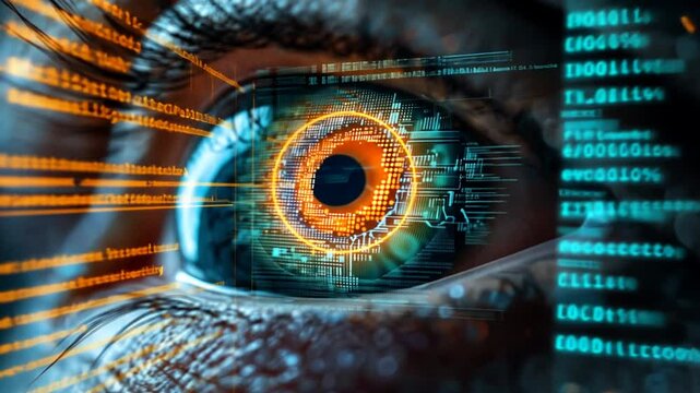 Digital eye scan, futuristic tech, data streams