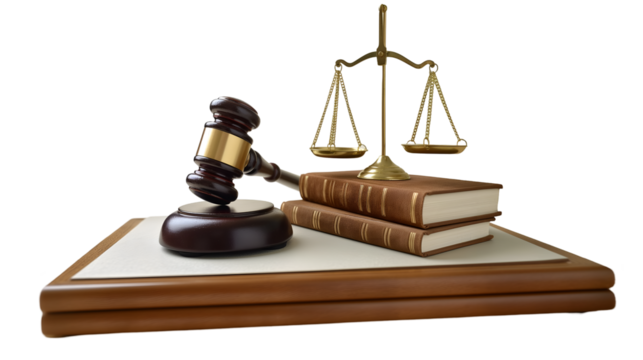 Legal Gavel and Scales Brown Justice Symbols, Courtroom Theme for Law Displays, isolated on transparent background.