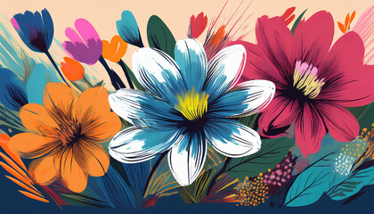 elegant vibrant colors illustrations with flowers expressive drawing of brush strokes
