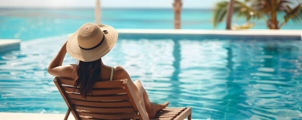 Entspannte Frau im Bikini mit Sonnenhut auf einer Sonnenliege am Wasser &ndash; Sommer, Urlaub, Luxus, Entspannung, Strand, Pool, Sonnenbaden