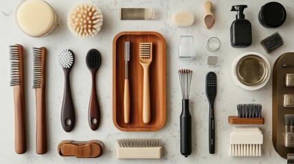 Elegant assortment of grooming and cleaning brushes on marble background