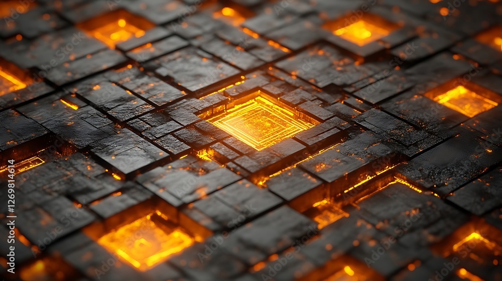 Poster abstract glowing circuitry pattern with dark textured blocks background