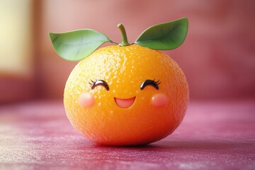 Cute and cheerful orange fruit character with smiling face and leaves on a colorful background