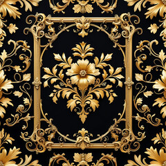 A framed design of gold leaves stands out against a rich black background, exuding elegance