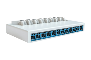 A sleek network switch with multiple ports on a minimalist surface for efficient connectivity isolated on transparent background