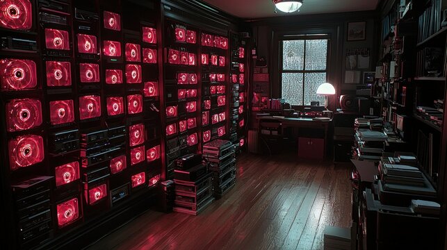 Red screens room surveillance rainy window