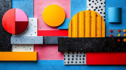 Funky 80s themed collage with eccentric shapes and vibrant tones isolated on white