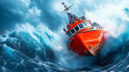A rescue boat powers through massive, crashing waves under storm