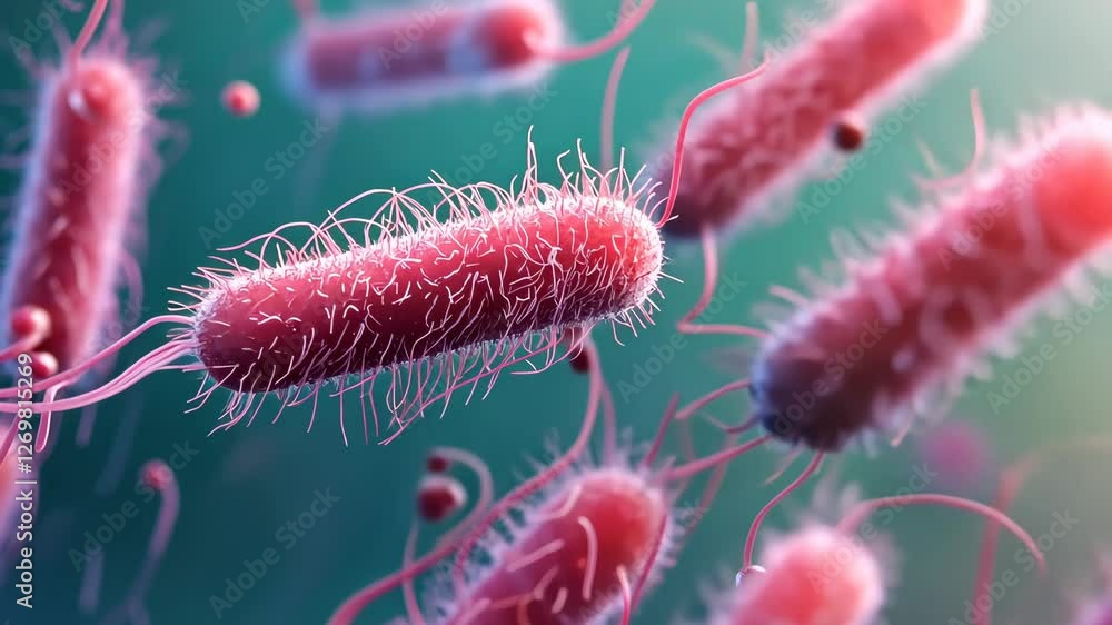 Poster microscopic view of colorful bacteria showcasing their unique shapes and textures in a laboratory se
