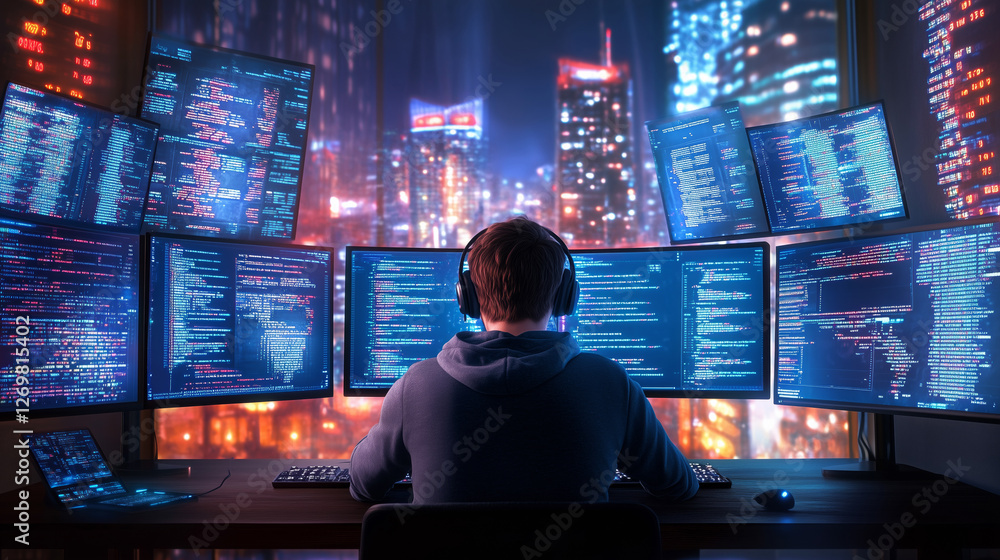 Poster individual sits in a dark room, focused on multiple computer scr