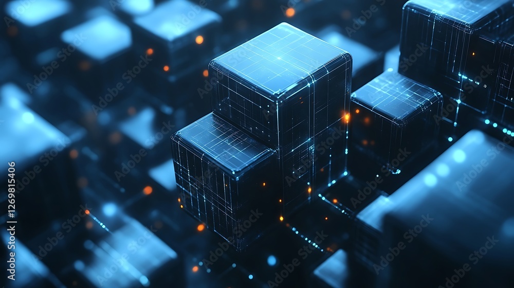 Poster abstract technological grid of interconnected cubes in deep blue tones