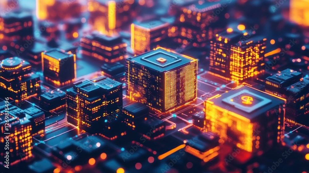 Poster digital cityscape with illuminated cubes and intricate neon network