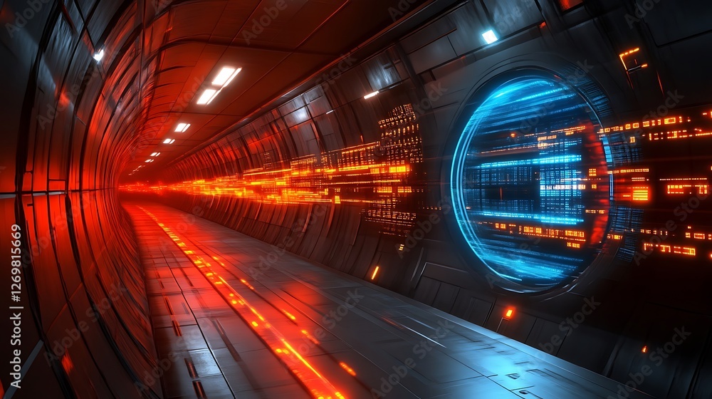 Poster data stream through a futuristic tunnel portal with glowing lights