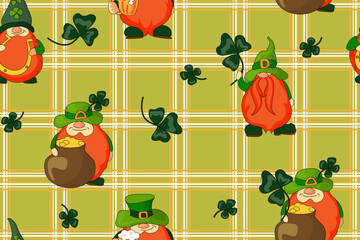 St. Patrick's Day background in green colors. Seamless pattern with gnomes, clovers on a checkered background. Symbols of the holiday of St. Patrick's Day. Irish holiday symbols. March 17. Vector