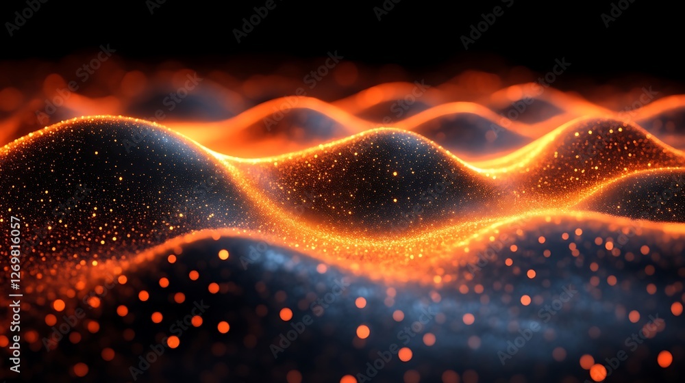 Poster emberglow waves, abstract dynamic flow of luminous particles on dark backdrop