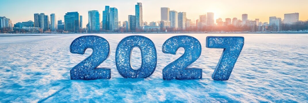 Blue Sparkling 2027 Numbers On Snow Against Cityscape Winter New Year Holiday Background